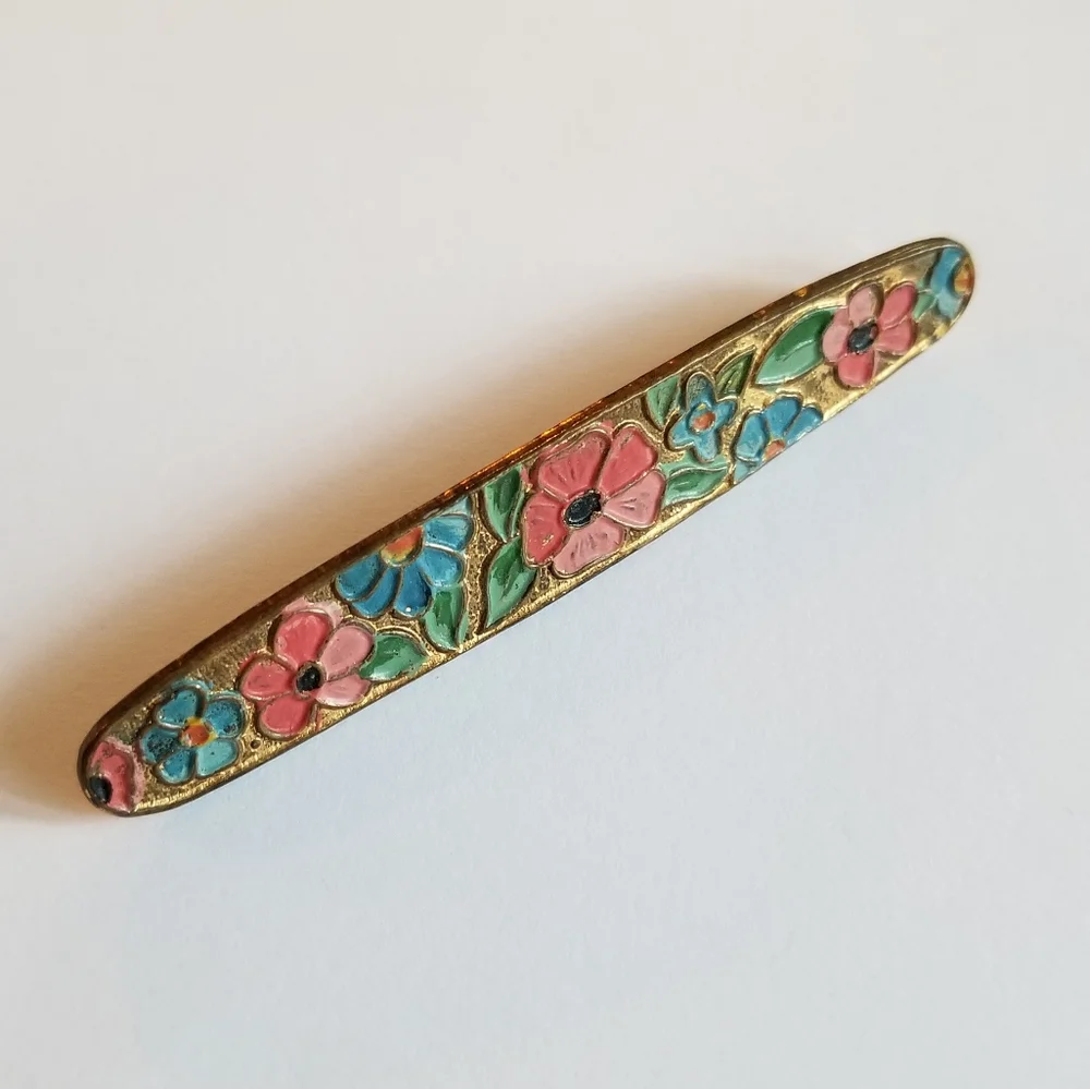 Relisted - Vintage enamel flowers bar pin pink gold tone brooch - Picture 4 of 10